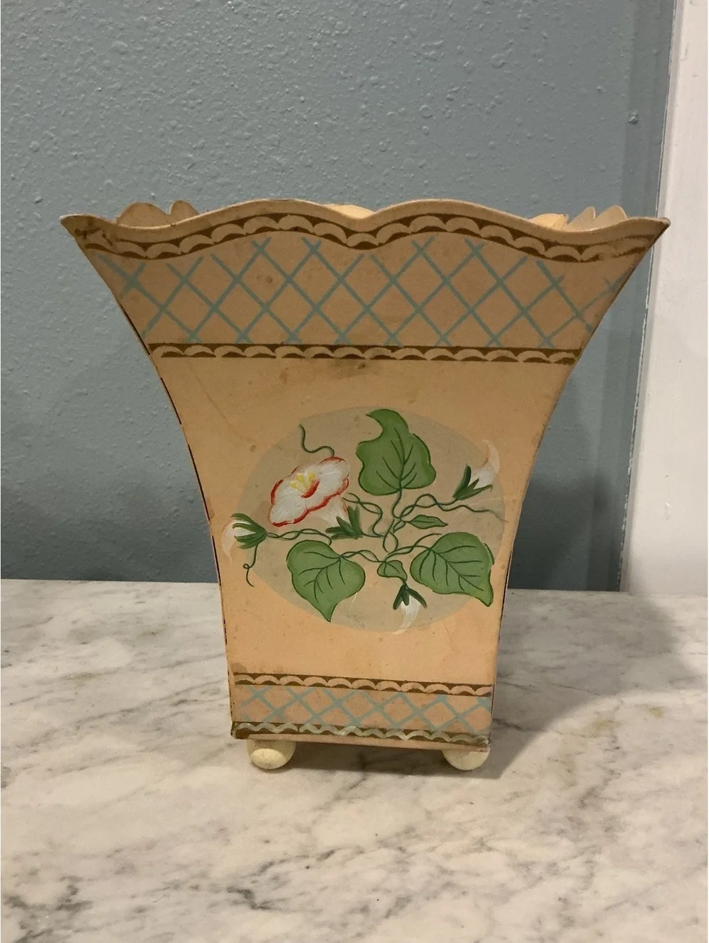 Vintage Tole Metal Planter, Hand Painted Bluebirds, Footed Cream Gold Trim